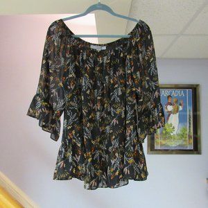 Ruff Hewn GREY Black Floral OTS Sheer Blouse